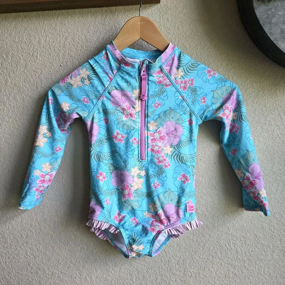 Ruffle Butts Orchid Oasis One Piece Rashguard Swimsuit Girl Size 5 Blue Hibiscus